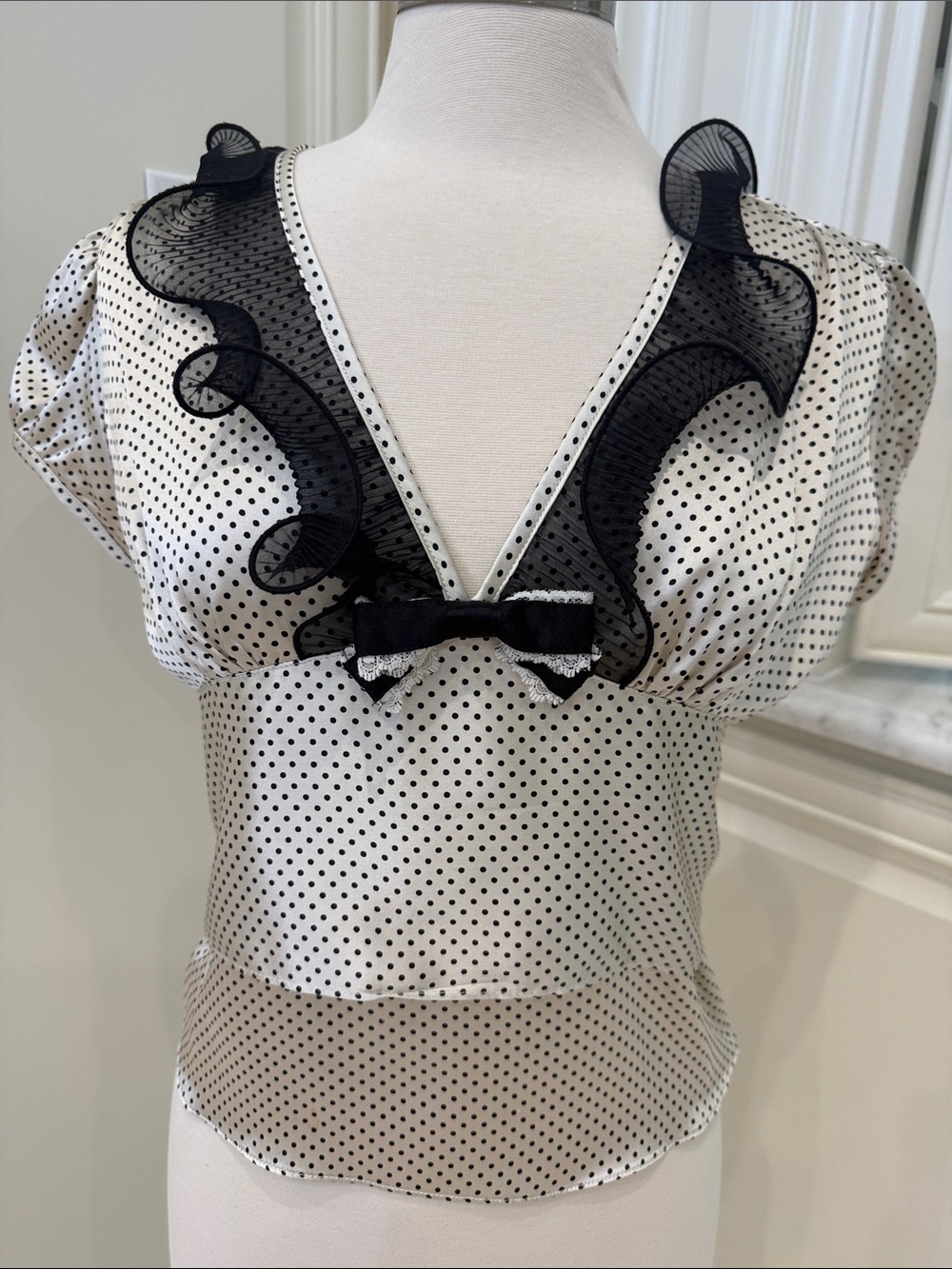 Polka Dot Mesh Trim V-Neck Blouse - White/Black